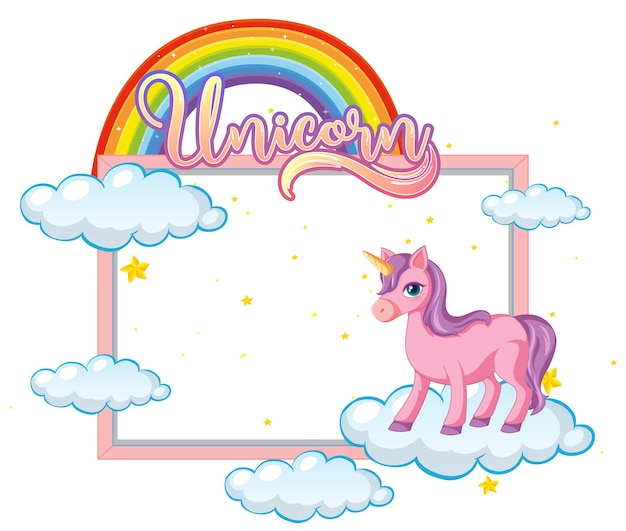 Empty banner with cute unicorn cartoon character on white background