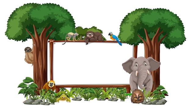 Empty banner with wild animals and rainforest trees on white background