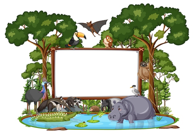 Empty banner with wild animals and rainforest trees on white