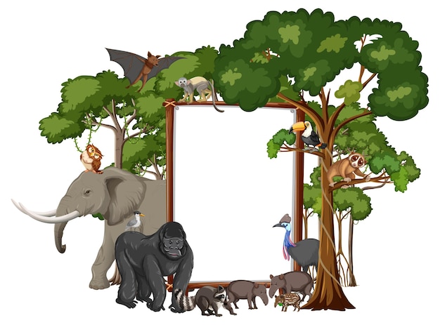 Empty banner with wild animals and rainforest trees on white