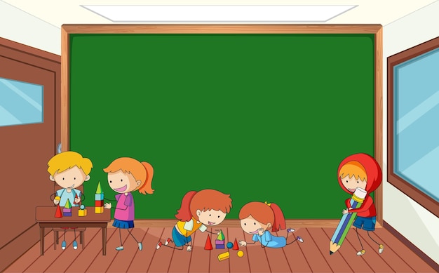 Free Vector empty blackboard in classroom scene with many kids doodle cartoon character