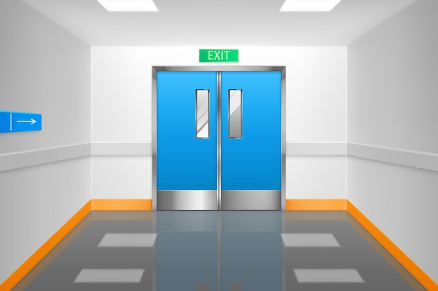 Free vector empty corridor with double doors and exit sign in hospital or laboratory