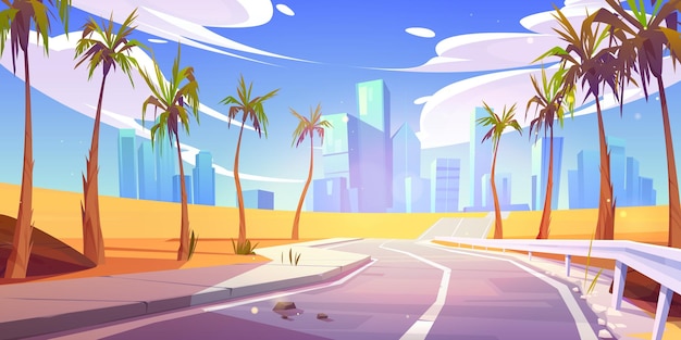 Free Vector empty desert road to city building futuristic vector background urban cityscape view and asphalt highway with palm tree usa skyscraper downtown modern speed way for car traffic hot sand panorama