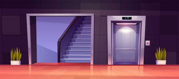 Empty hallway interior with open elevator doors and stairs.