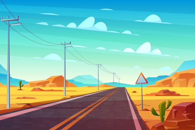 Empty highway road in desert, going far to horizon cartoon