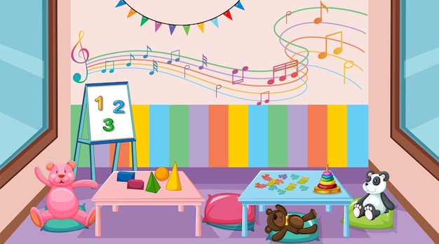 Free Vector empty kindergarten classroom interior with many kid toys