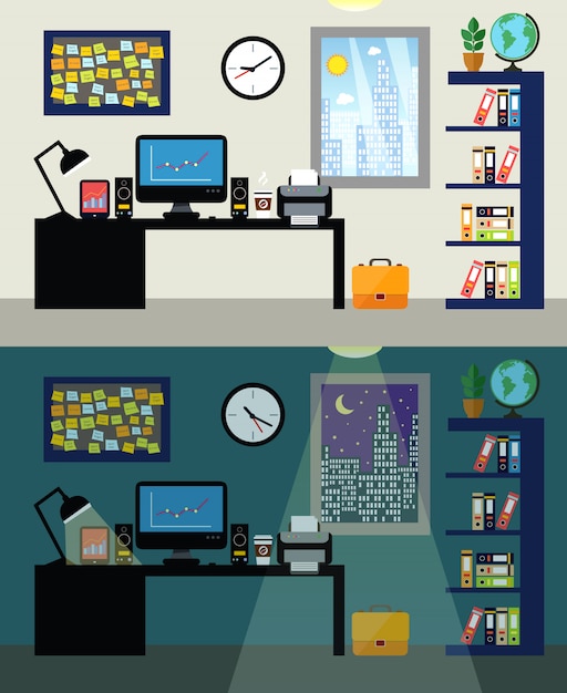 Free vector empty office workplace day and night with work table computer and bookshelf vector illustration