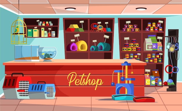 Empty pet shop interior with no people Petshop banner cartoon concept parrot in cage fish aquarium on counter domestic animal feed and toys sale business