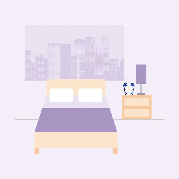 Free Vector empty room with bed and window with city view, flat style 