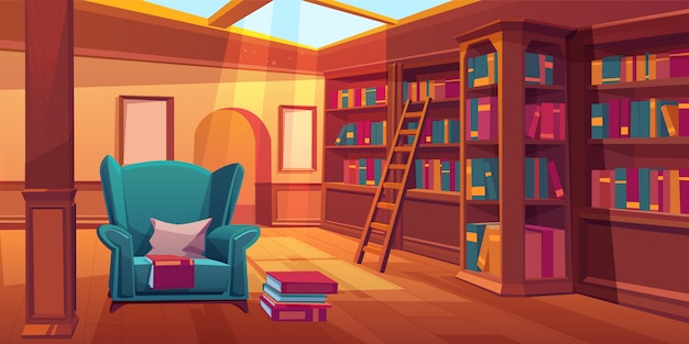 Free Vector empty room with wooden bookshelves