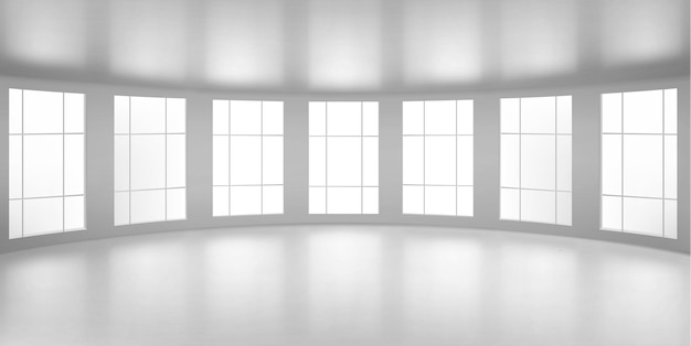 Free Vector empty round room, office with large windows, white ceiling and floor. internal interior structure of modern city architecture, inner design project visualization, realistic 3d illustration