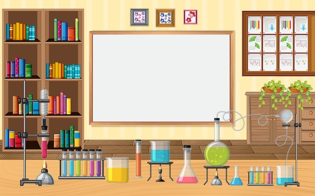 Empty scene with laboratory glass ware in the classroom