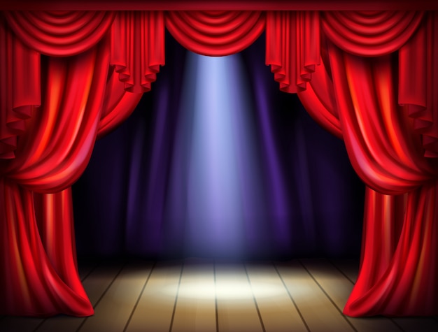 Free vector empty stage with opened red curtains and projector light beam on wooden floor