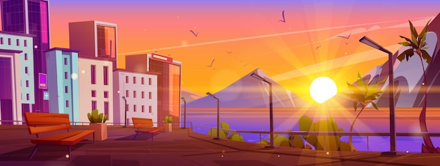 Free Vector empty tropical urban embankment sunset mountain skyline city park bench on street near river and town building vector landscape resort on seaside with sun beam light orange sky cartoon background