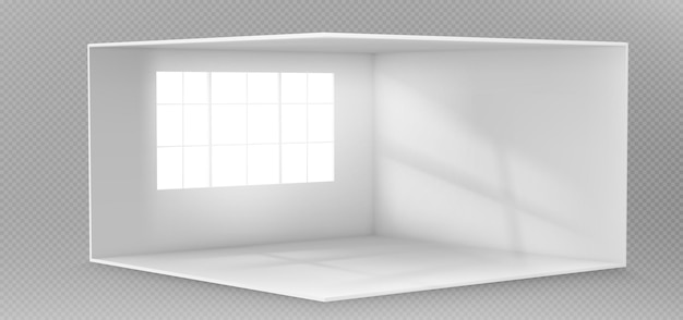 Free Vector empty white room with window on wall and light vector background perspective view 3d studio interior with space inside for conference or gallery exhibition realistic clear corner apartment scene