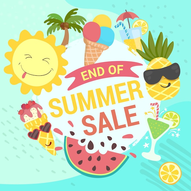 End of season summer sale banner with fruits and ice cream