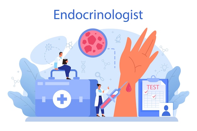 Endocrinologist concept Thyroid examination Doctor examine hormone and glucose Idea of health and medical treatment Isolated flat vector illustration