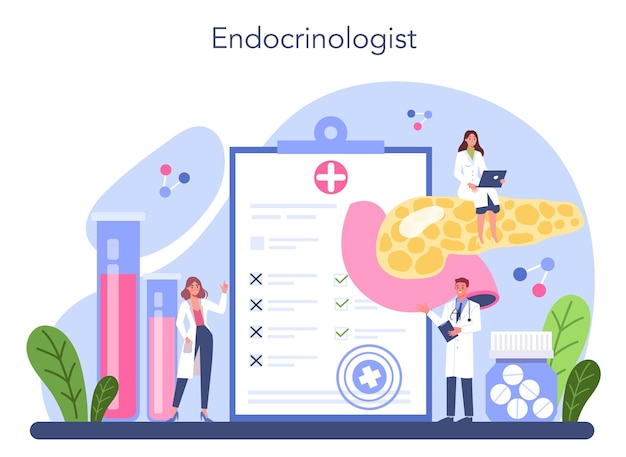 Endocrinologist concept Thyroid gland examination Doctor examine hormone and glucose Idea of health and medical treatment Isolated flat vector illustration