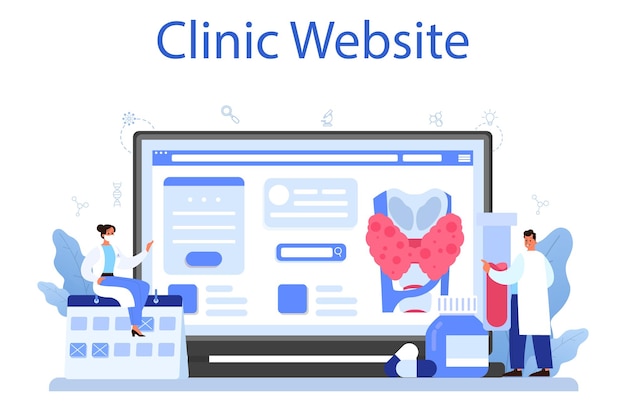 Endocrinologist online service or platform Thyroid examination Doctor examine hormone and glucose Clinic website Flat vector illustration