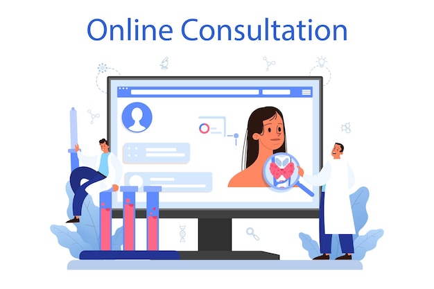 Endocrinologist online service or platform Thyroid examination Doctor examine hormone and glucose Online consultation Flat vector illustration