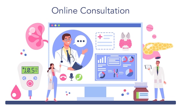 Endocrinologist online service or platform Thyroid gland examination Doctor examine hormone and glucose Online consultation Isolated flat vector illustration