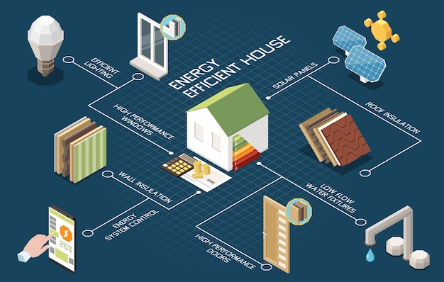 Free vector energy efficient house flowchart with smart autonomous living principles isometric vector illustration