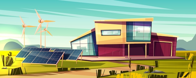 Free Vector energy independent, efficient house cartoon concept. modern cottage with solar panel 