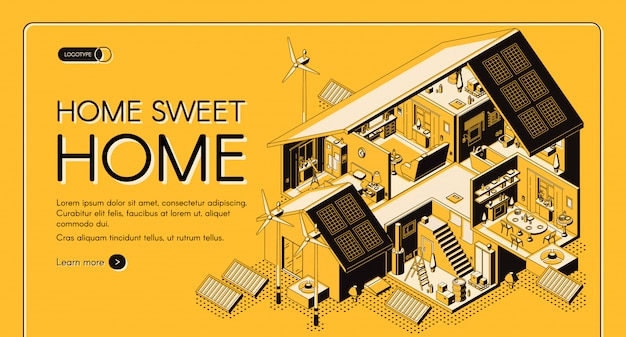 Free Vector energy self-sufficient house isometric vector web banner, landing page. 