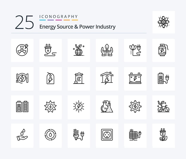 Free vector energy source and power industry 25 line icon pack including biomass hand plant globe