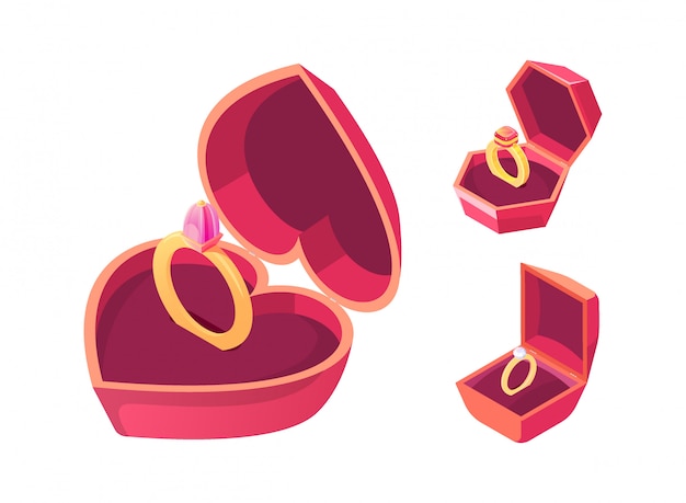 Engagement rings in red boxes isometric vector