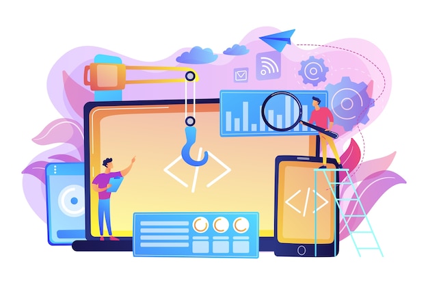 Engineer and developer with laptop and tablet code. Cross-platform development, cross-platform operating systems and software environments concept. Bright vibrant violet  isolated illustration