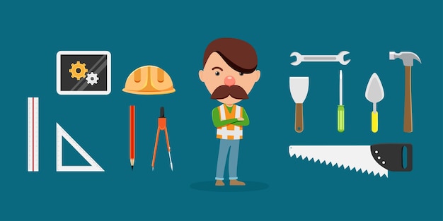 Free Vector engineer dress up constructor set you can choose costume man ruler hat helmet uniform wrench screwdriver saw hammer trowel pencil roundabout cartoon vector illustration character design