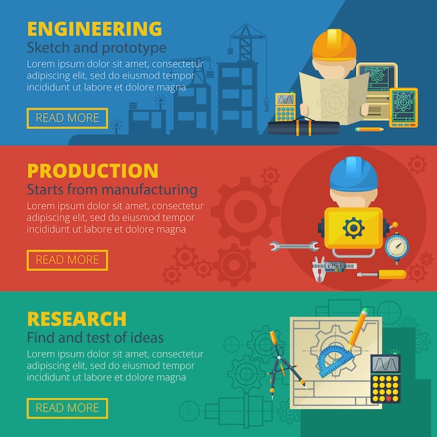 Free vector .engineering 3 horizontal flat banners set