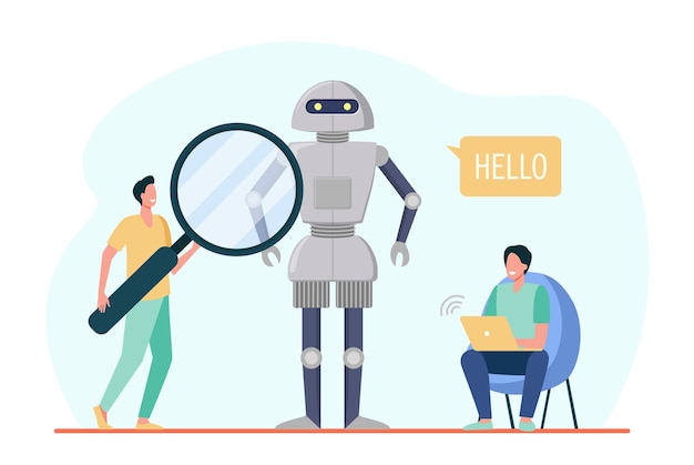 Free vector engineers creating robot. humanoid speaking hello, men with laptop and magnifier. cartoon illustration