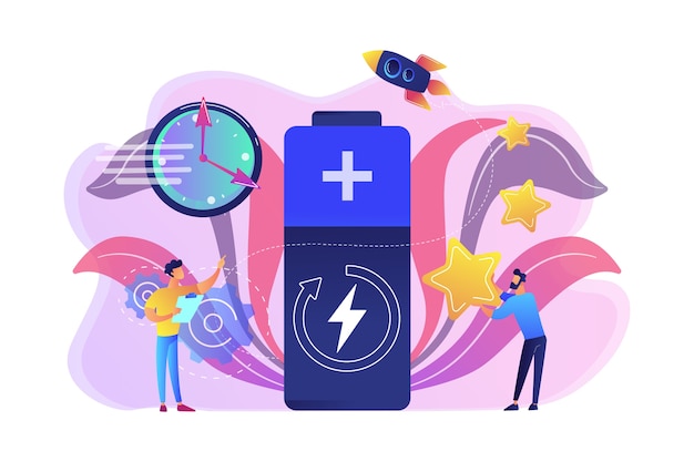 Free vector engineers with battery charging, clock and stars with rocket. fast charging technology, fast-charge batteries, new battery engineering concept. bright vibrant violet  isolated illustration