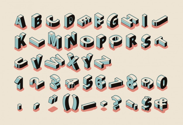 English alphabet isometric set with latin ABC letters, special symbols, punctuation marks