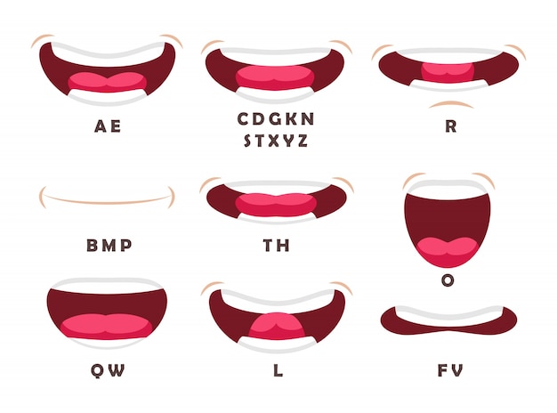 English alphabet letters pronunciation set. Vector illustrations of human mouth with teeth talking vowels and consonants. Cartoon movement of mouth making sounds isolated on white. Education concept.