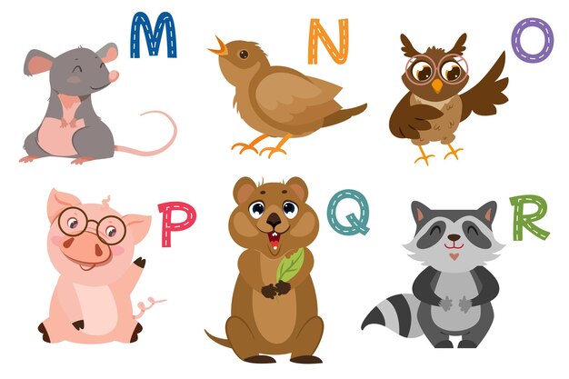 English alphabet with flat cute animals for kids education