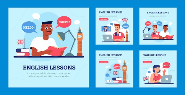 English lessons hand drawn flat ig posts set