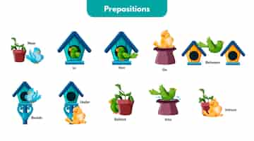 Free vector english prepositions with birds illustrated