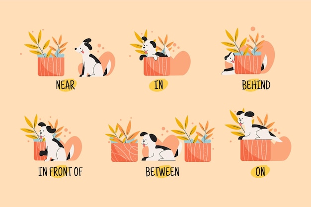 Free Vector english prepositions with dog illustrations