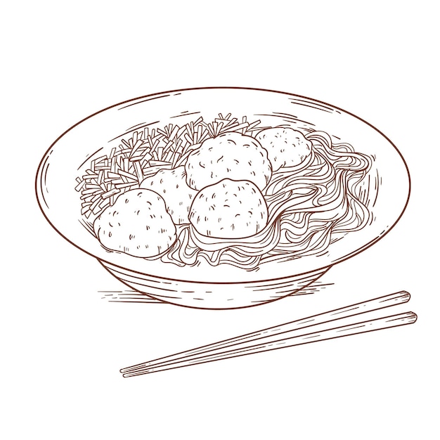 Engraving drawn bakso in a bowl