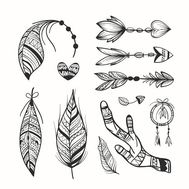 Free Vector engraving hand drawn boho elements collection