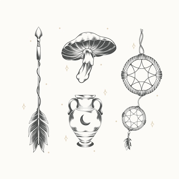 Free Vector engraving hand drawn boho elements collection