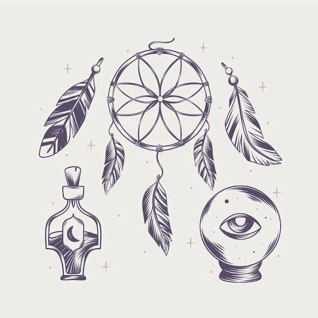 Free Vector engraving hand drawn boho elements collection