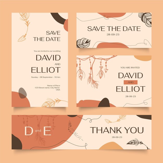 Engraving hand drawn boho wedding stationery collection