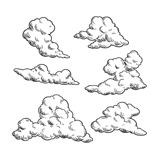 Engraving hand drawn clouds collection