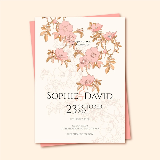 Engraving hand drawn floral wedding invitation template