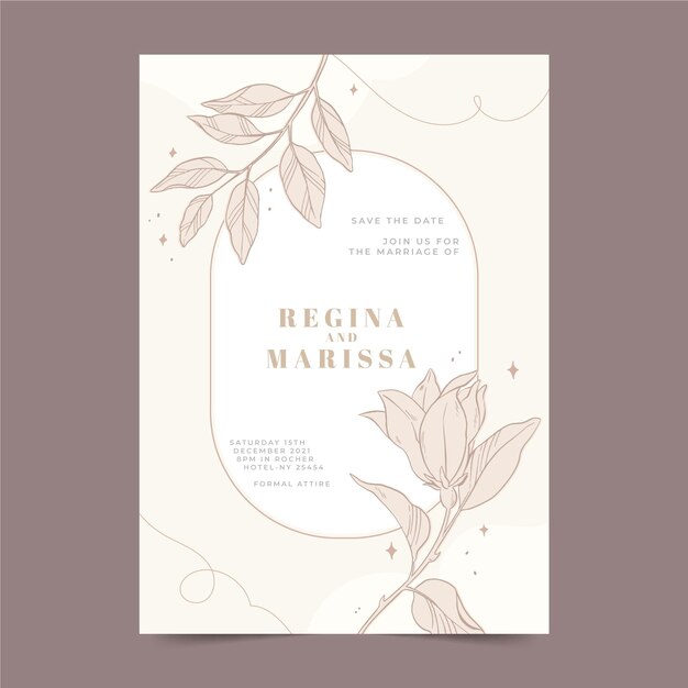 Engraving hand drawn floral wedding invitation template