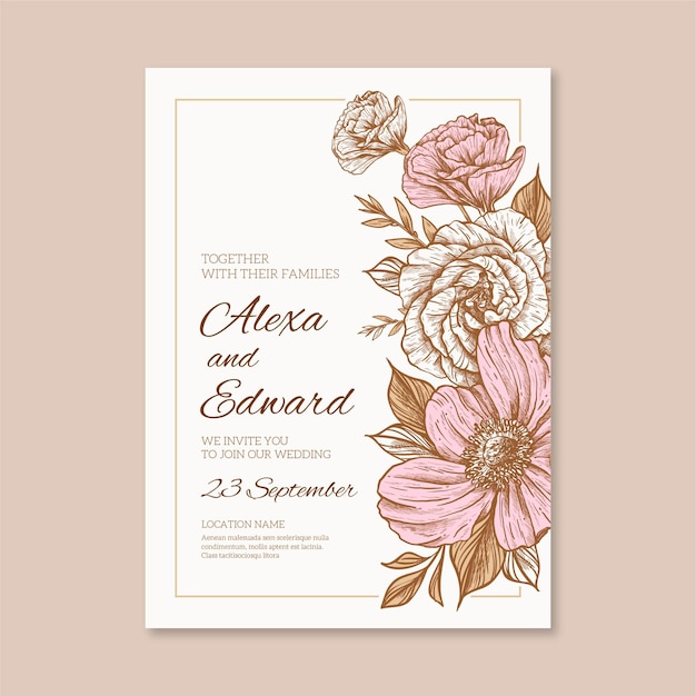 Engraving hand drawn floral wedding invitation template